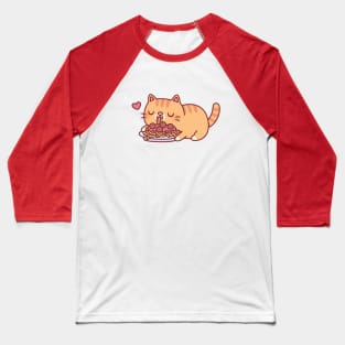 Cute Chubby Orange Tabby Cat Eating Spaghetti Pasta Baseball T-Shirt